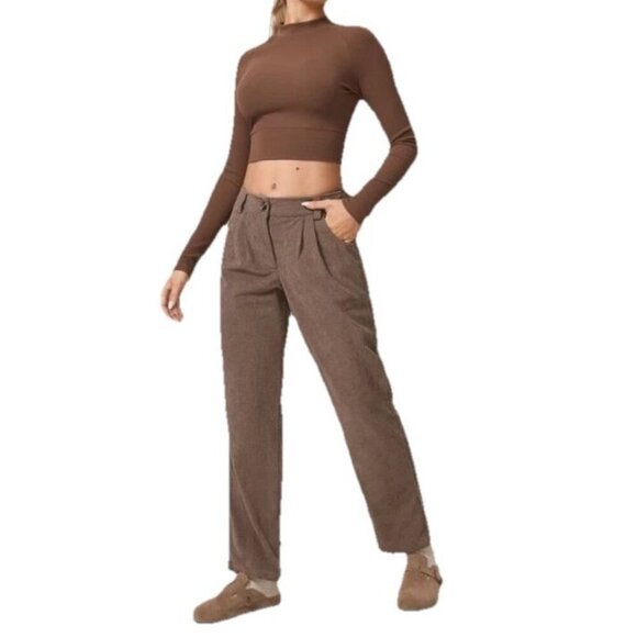 Halara Mid Rise Button Zipper Side Pocket Corduroy Pants Cocoa Brown Size M NEW - Picture 1 of 12